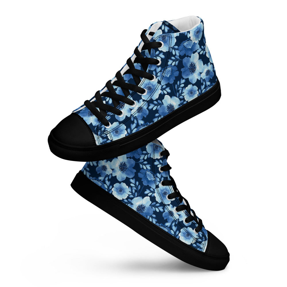 True Blue Floral Women’s High Top Sneakers - Black Color - https://ascensionemporium.net